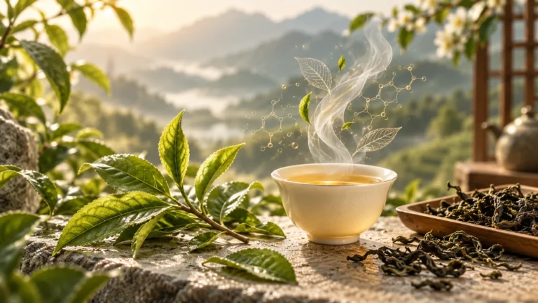Feuilles fraîches et sèches de thé autour d’une tasse, avec des motifs moléculaires évoquant la composition de la feuille