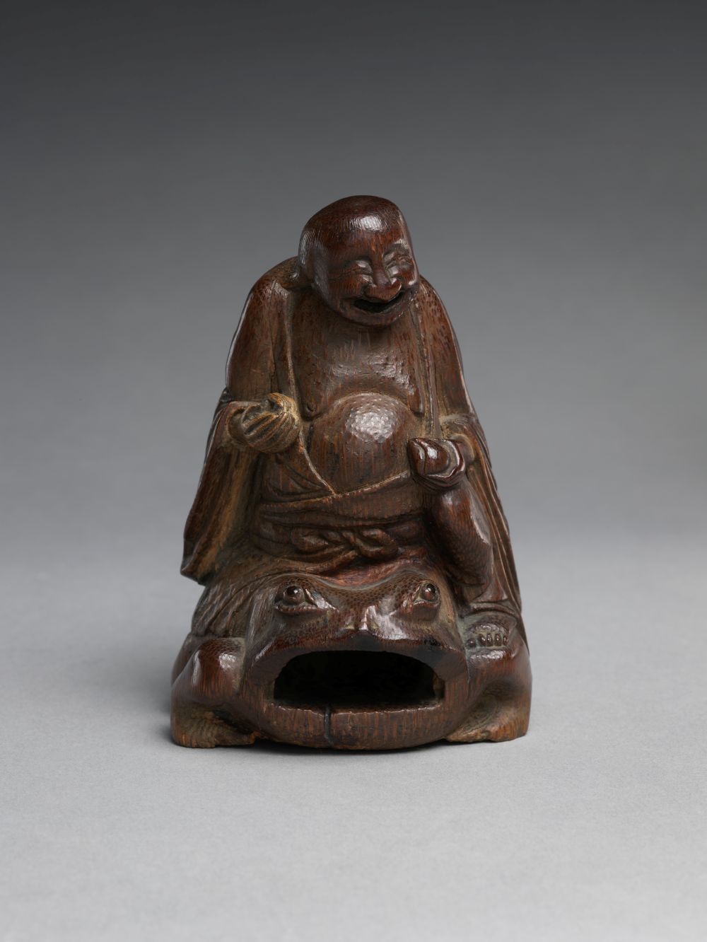 Liu Hai assis sur un crapaud, sculpture chinoise en bambou