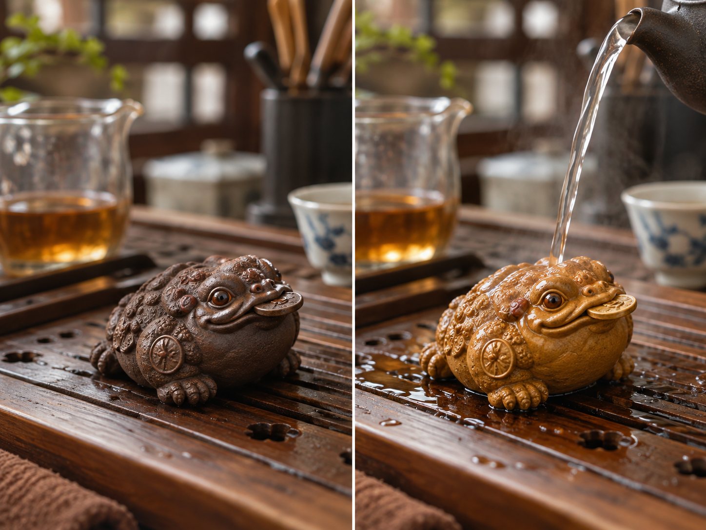 Tea pet avant et après un changement de couleur provoqué par l’eau chaude